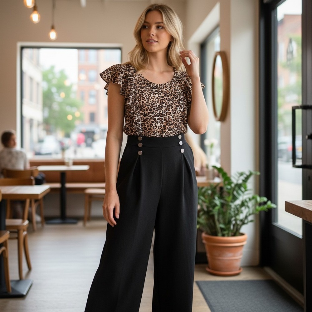 Bonnie Jean Jumpsuit Girls Size 14 Black Leopard Print Ruffle Wide Leg Party